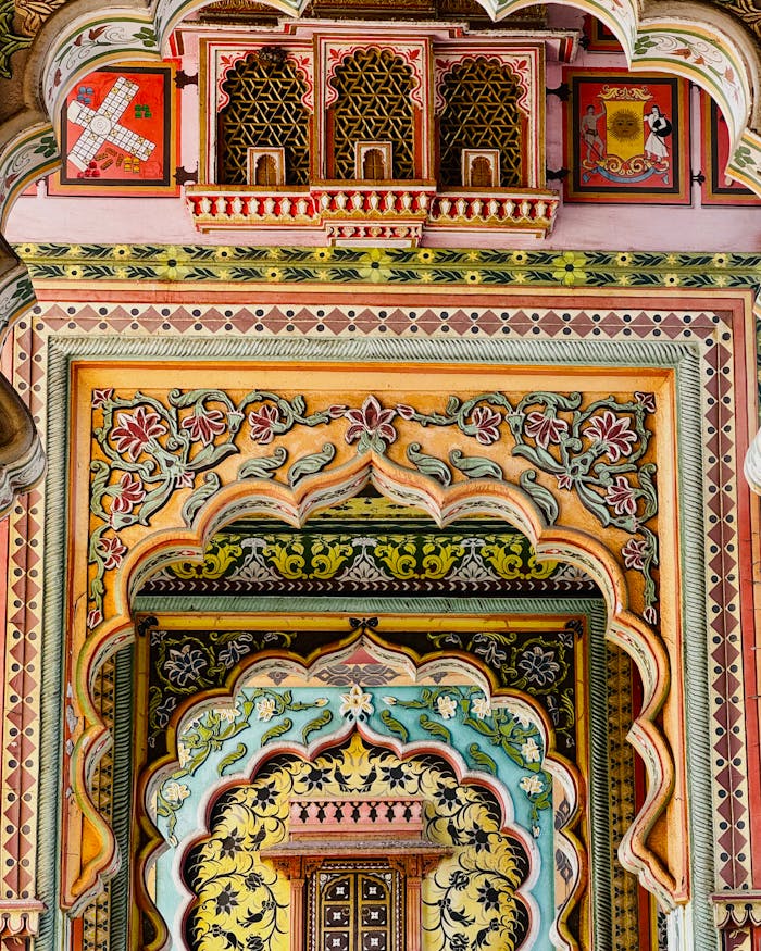 Vibrant traditional Rajasthani architectural details in Jaipur, India.